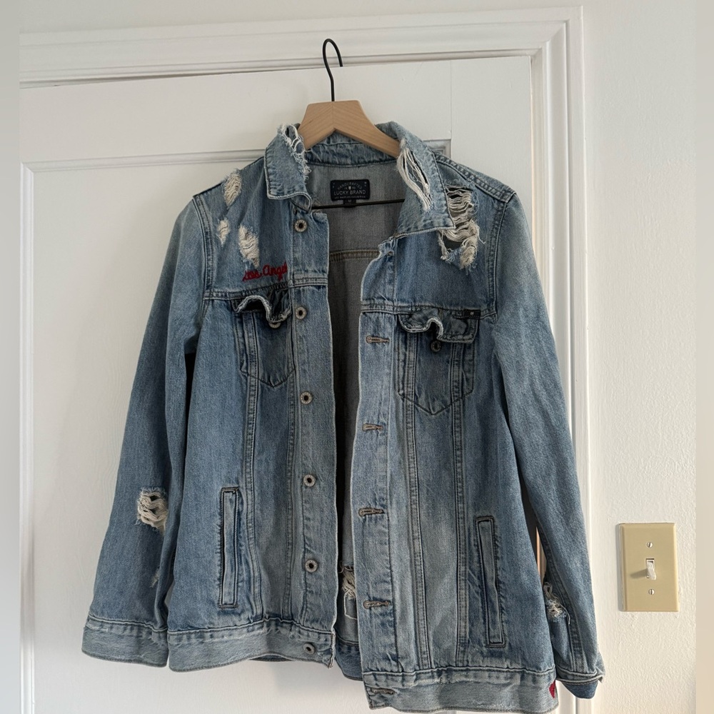 Lucky Brand Light Blue Distressed Jean Jacket, Los Angeles and Heart Embroidery